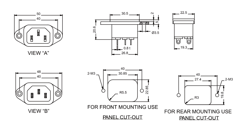IEC Mains Inlet Socket, Chassis Mount, Screw fit, nonfuse Hifi