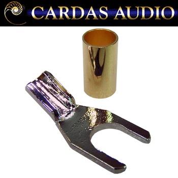 Cardas GRS C bare copper stamped spade with rhodium over silver plating. Our most economical spade, the GRS series is stamped from copper, and comes with a gold-plated brass beauty sleeve to cover the solder joint. Cardas GRS C bare copper stamped spade with rhodium over silver plating. Our most economical spade, the GRS series is stamped from copper, and comes with a gold-plated brass beauty sleeve to cover the solder joint.