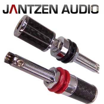 012-0199 Jantzen Binding Post M8 / 27mm, Nickel plated, Carbon jacket, red / black 012-0199 Jantzen Binding Post M8 / 27mm, Nickel plated, Carbon jacket, red / black